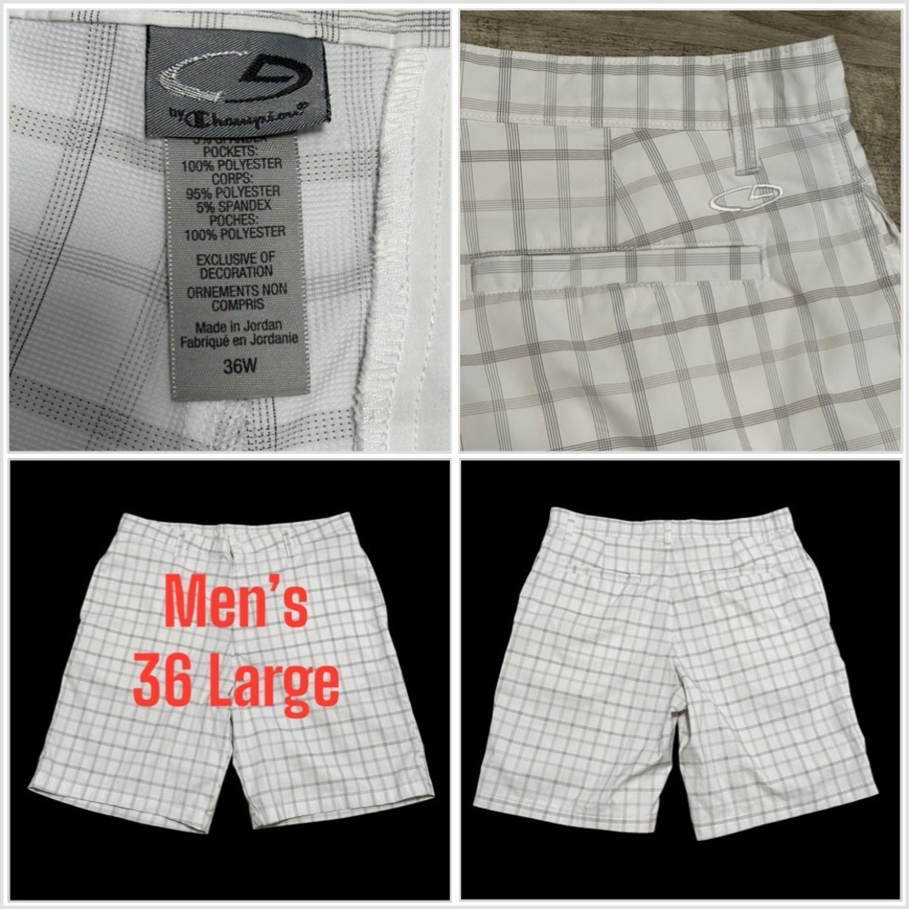 Men’s Champion C9 Golf 36 Large Shorts Plaid White Chino Khakis Stretch Dry Fit